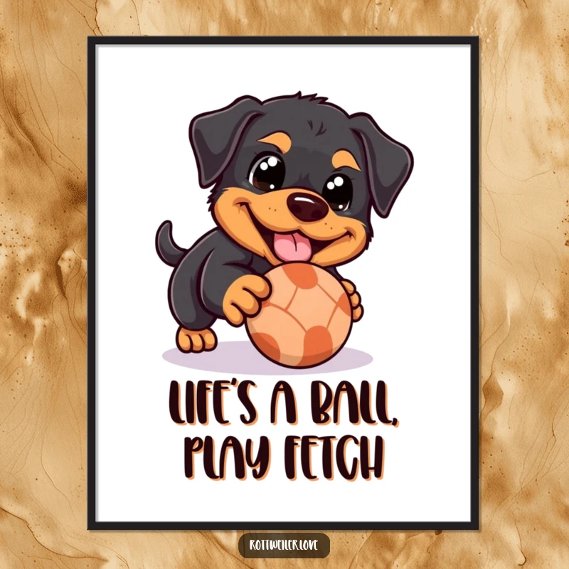Funny free printable wall art shows a Rottweiler with very happy eyes playfully nudging a rolling ball.