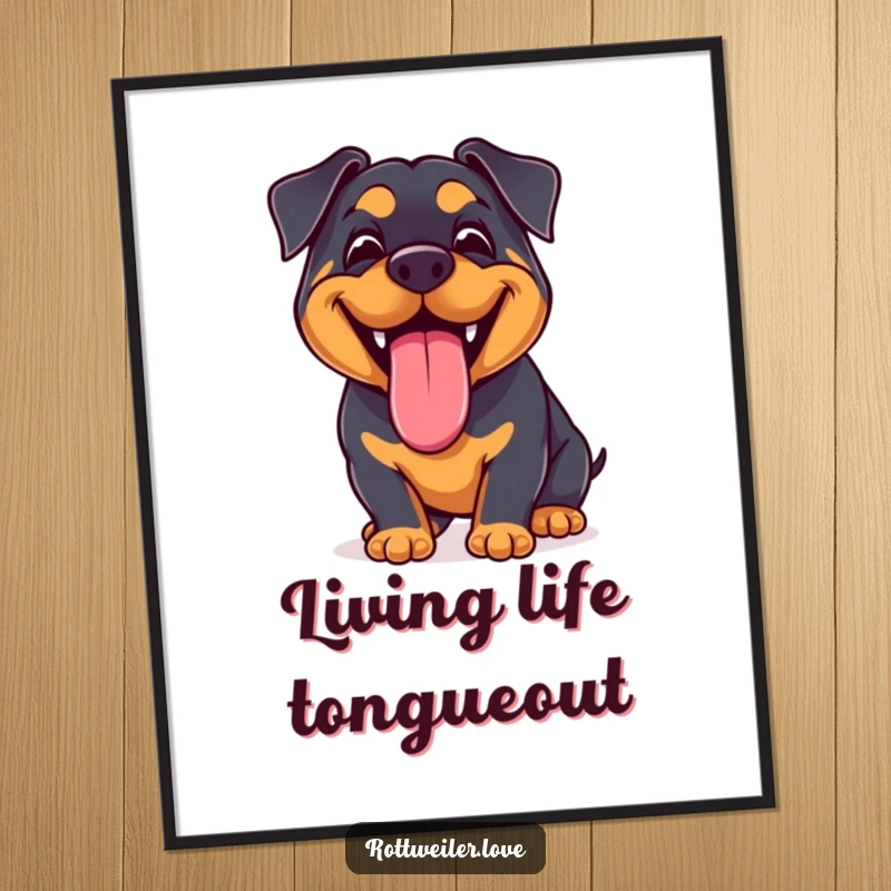 Funny Free Printable Wall Art: Kawaii Rottweiler with a big, joyful grin and tongue lolling, adding happy decor.