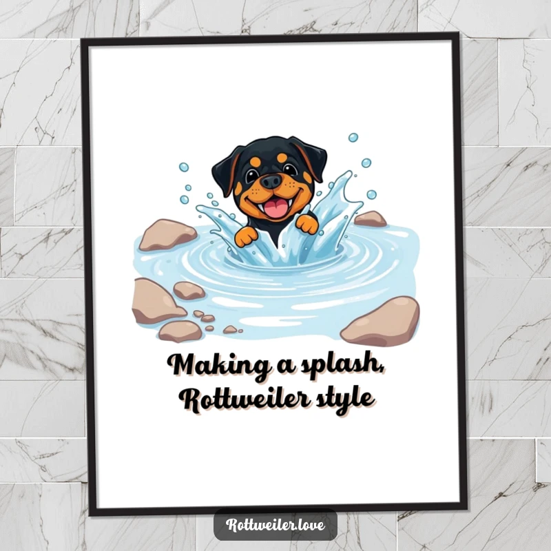 Funny Free Printable Wall Art: A rottweiler gleefully splashing in a clear, cool stream, full of playful energy.