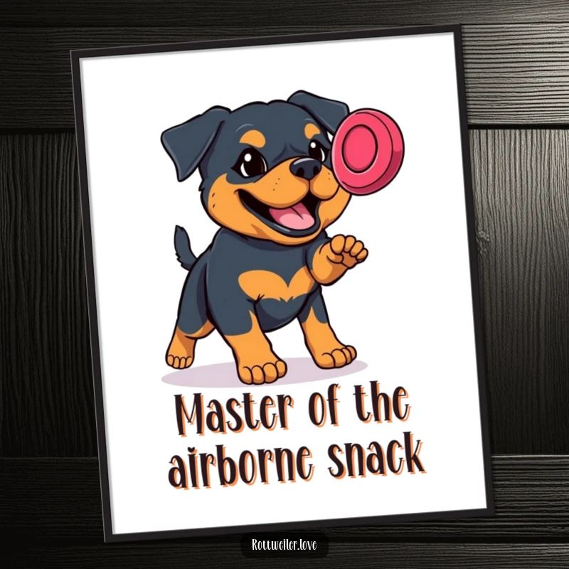Funny free printable wall art of a focused Rottweiler leaping to catch a frisbee, perfect home decor.