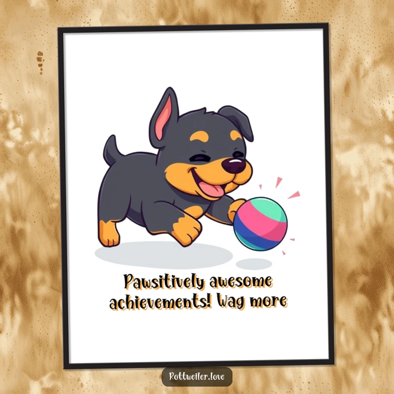 Funny free printable wall art of a hyperactive Kawaii Rottweiler joyfully bounding after a bouncy toy, embodying pure bliss.