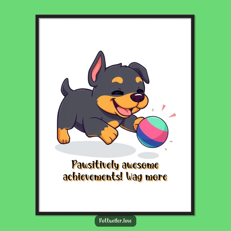 Free Printable Wall Art: Funny Kawaii Rottweiler Toy Chase, Hilarious Downloadable Decor