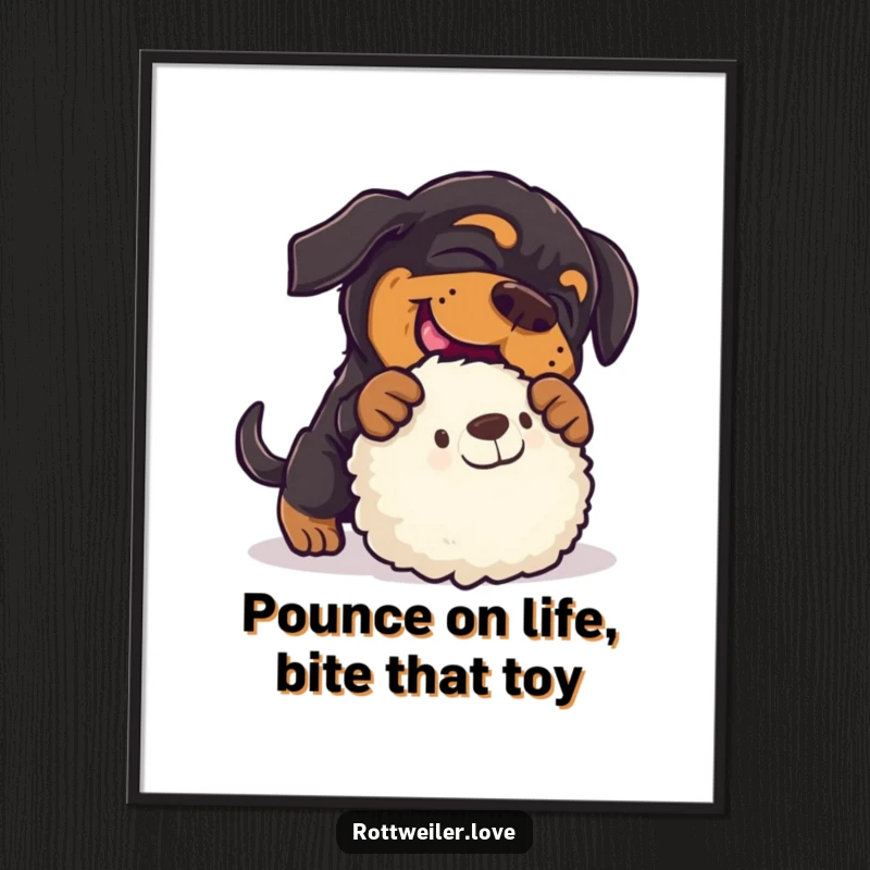 Funny Free Printable Wall Art of a rottweiler energetically pouncing on a stuffed toy, capturing pure playful joy.