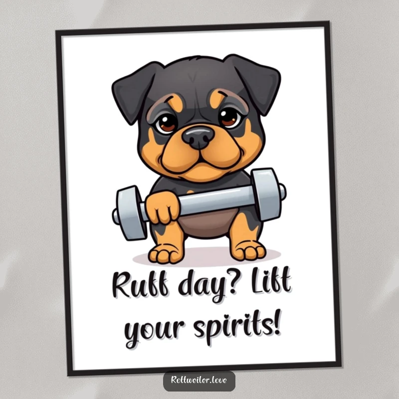 Funny Free Printable Rottweiler Fitness Wall Art: A strong Rottweiler lifting a small dumbbell with intense focus and determination.