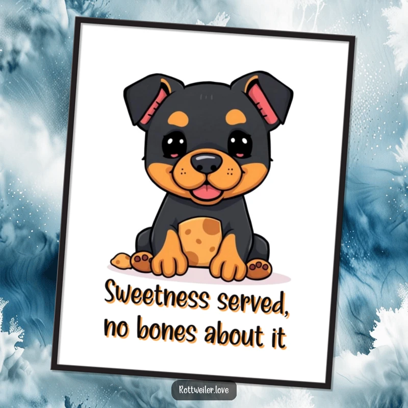 Funny Free Printable Kawaii Rottweiler Wall Art showing a cute dog offering a treat with a hopeful look.