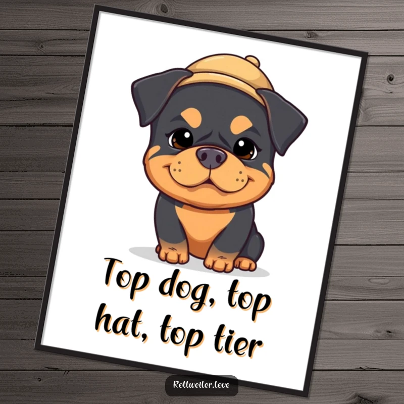 Funny Free Printable Wall Art featuring a kawaii rottweiler wearing a tiny hat with a hilariously silly expression, perfect for gifting.
