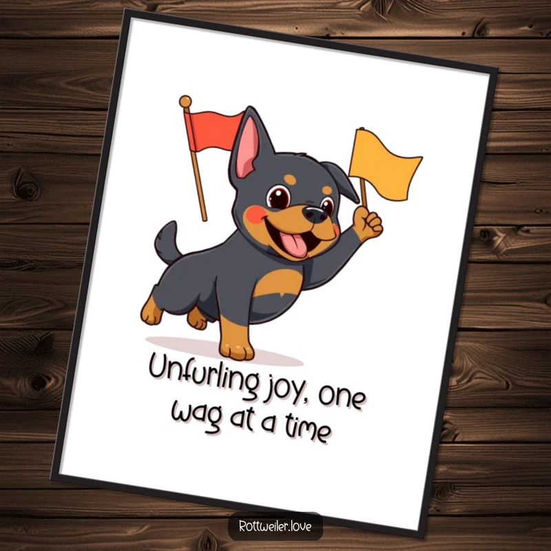 Funny Free Printable Wall Art: An energetic Rottweiler proudly waves a small, colorful flag.