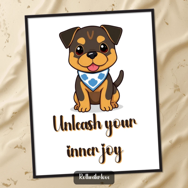 Funny Free Printable Rottweiler Wall Art: a happy dog wearing a small bandana, wagging its tail.