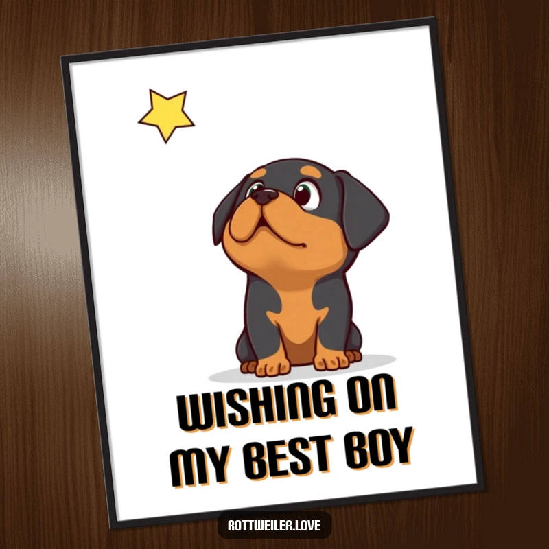 Funny Free Printable Wall Art: A surprised Rottweiler dog stares upwards in amazement at a bright, falling star across the night sky.