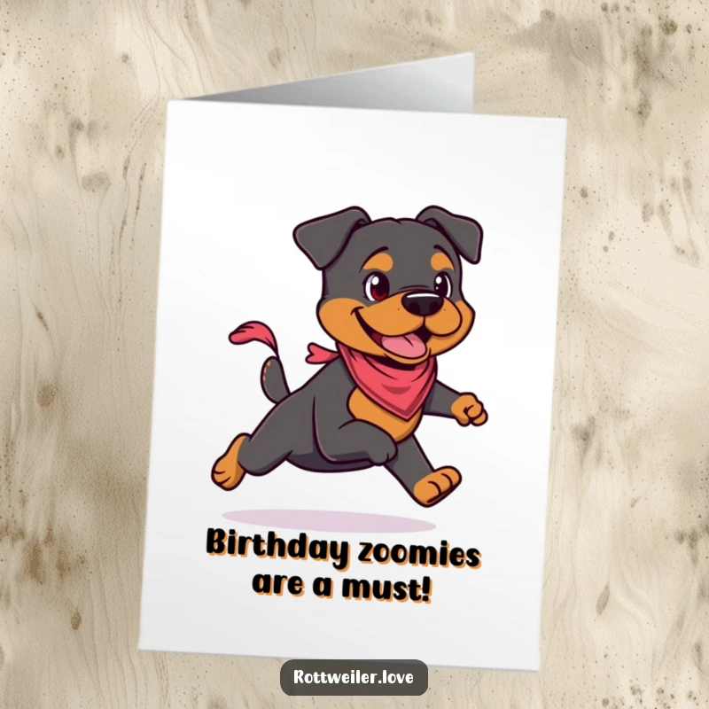 Funny Free Printable birthday card of a Rottweiler energetically running with a tiny bandana tied around its neck, looking excited for the party.