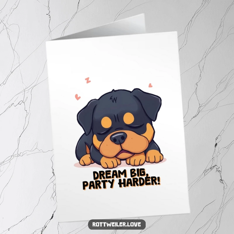 Funny Free Printable Rottweiler Birthday Card: A sleepy dog dreams with closed eyes, possibly of birthday cake and fun.