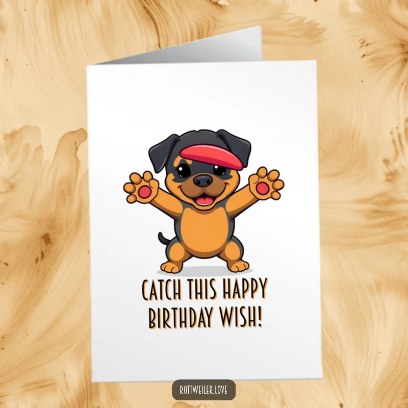 Funny Free Printable Birthday Card of an excited Rottweiler with paws outstretched, leaping to catch a frisbee.