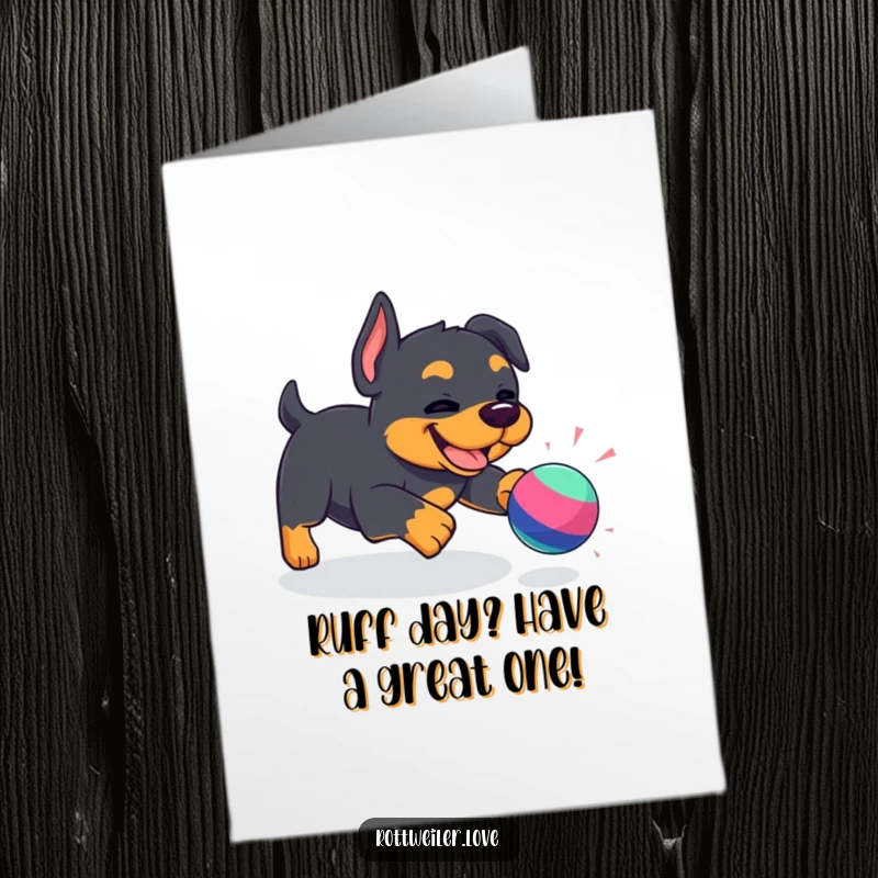 Funny free printable birthday card featuring a gleeful Kawaii Rottweiler joyfully chasing a bouncy toy, ready to party.