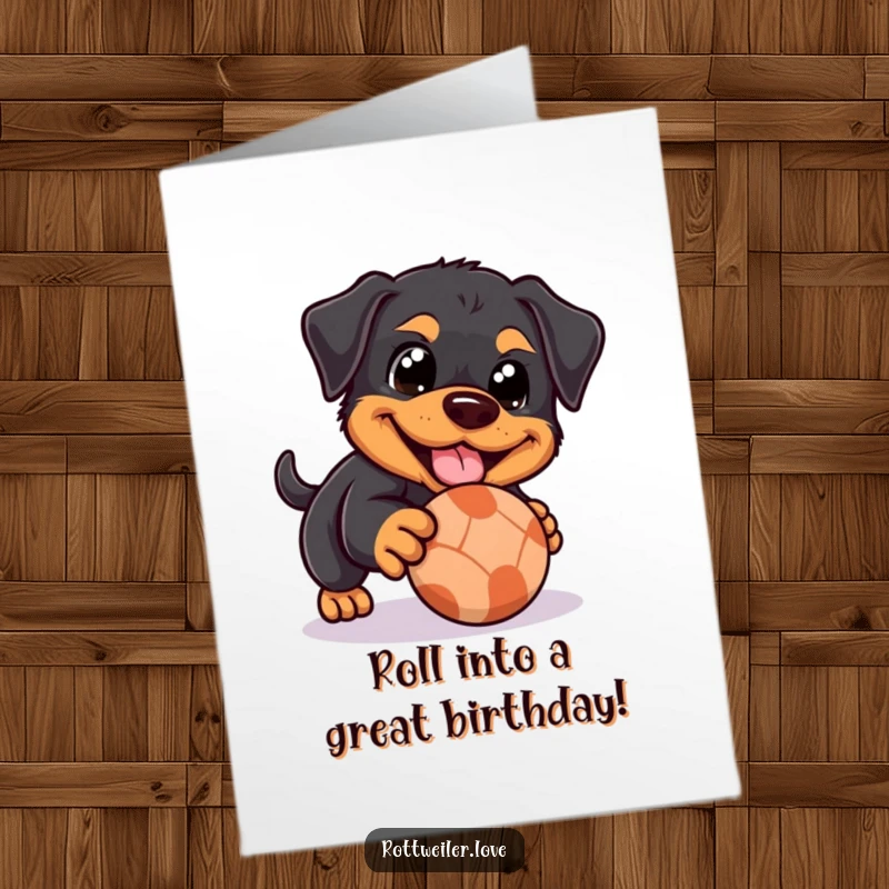 Funny free printable birthday card shows a Rottweiler with happy eyes playfully nudging a rolling ball.