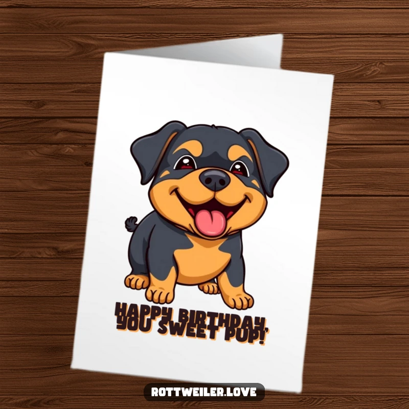 Funny Free Printable Birthday Card showcasing a rottweiler with a joyous expression giving a big, friendly lick.