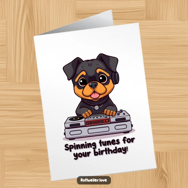 Funny Free Printable birthday card of a Rottweiler wearing headphones, pretending to be a DJ with tiny turntables, ready to drop the beat.
