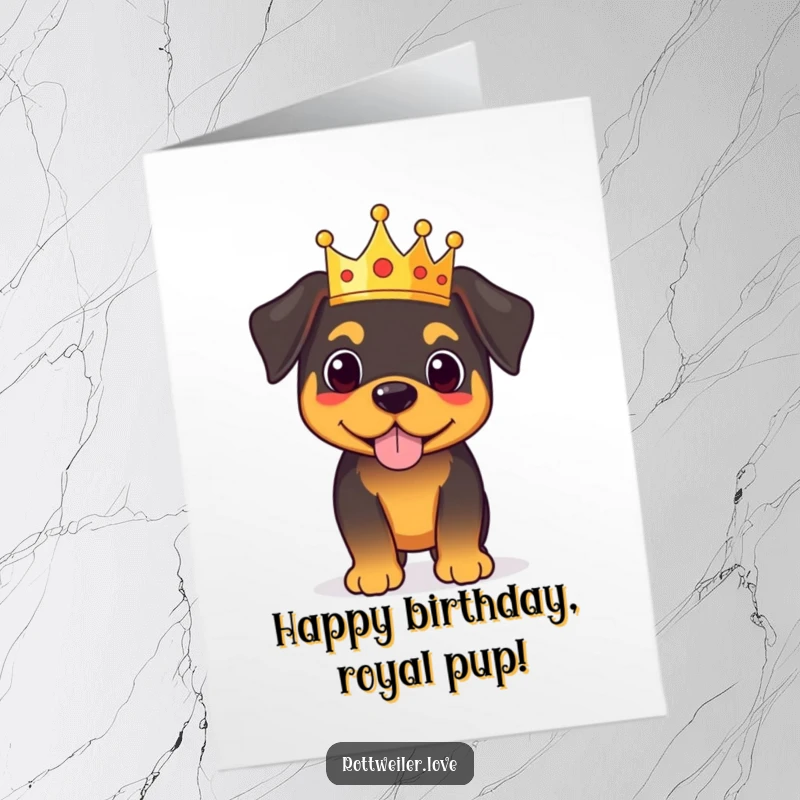 Free Printable Birthday Card showing a proud Rottweiler character standing tall, wearing a tiny, dignified crown.
