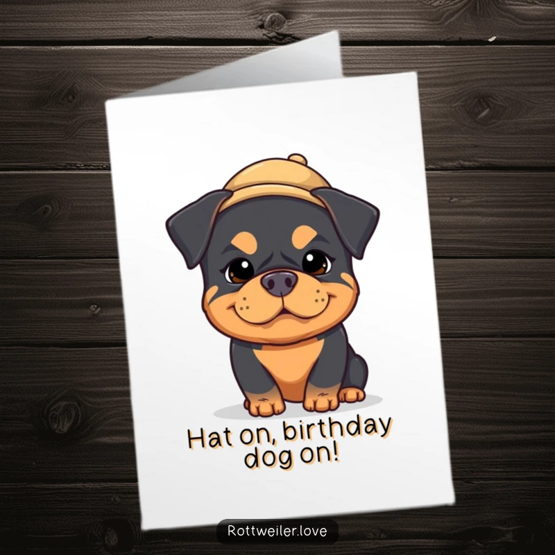 Funny Free Printable Birthday Card featuring a kawaii rottweiler in a tiny hat with a silly expression, ready to party.