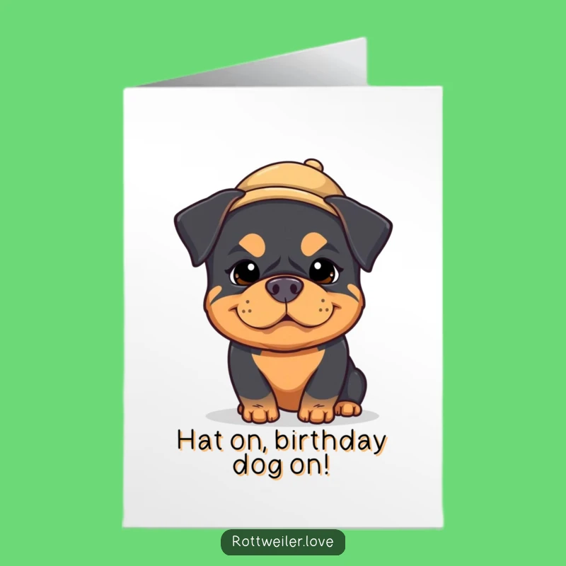 Free Printable Birthday Card: Silly Kawaii Rottweiler in Hat, Funny Downloadable Gift