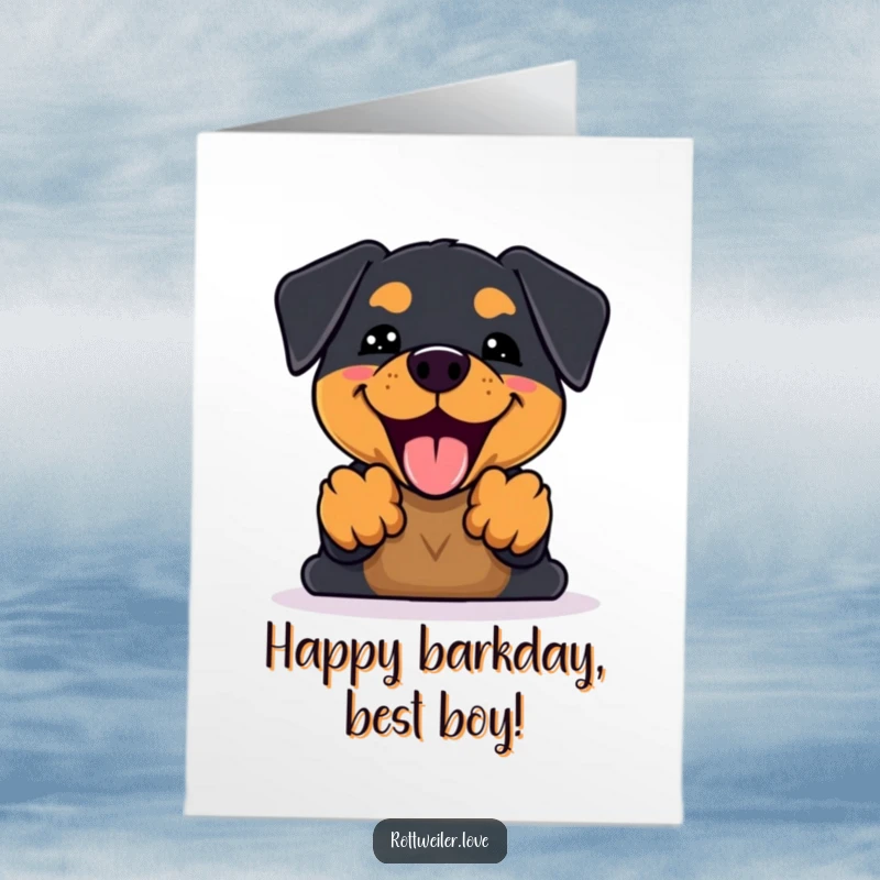 Funny Free Printable Birthday Card: Kawaii Rottweiler with a happy bark and paws up, enthusiastically celebrating a birthday.