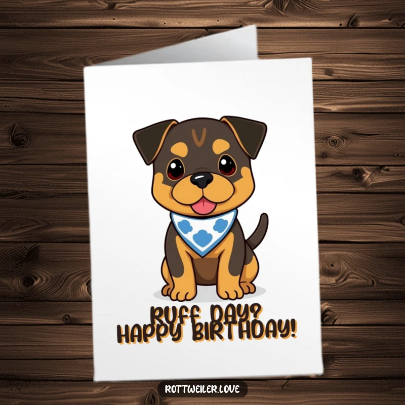 Funny Free Printable Rottweiler Birthday Card featuring a happy dog with a bandana, wagging its tail.