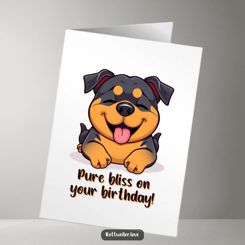 Funny Free Printable Birthday Card: Rottweiler eyes closed, happily receiving a belly rub, a picture of canine contentment.