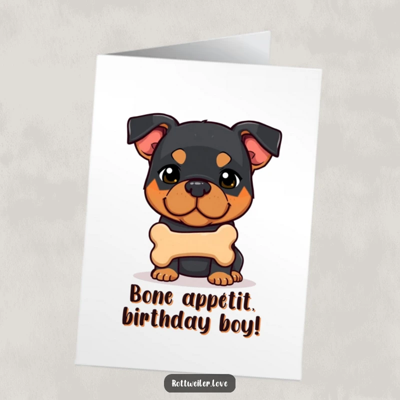 Funny Free Printable Rottweiler Birthday Card: Shy dog hesitantly offers a juicy bone, looking for compliments on their gift.