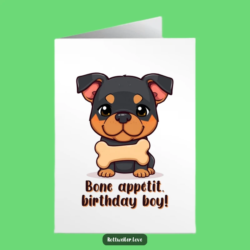 Free Printable Rottweiler Birthday Card: Shy Pup Offers Bone for Your Big Day!