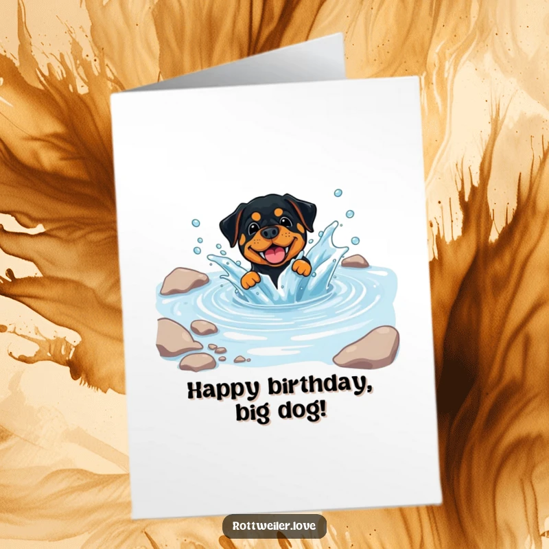 Funny Free Printable Birthday Card: A rottweiler joyfully splashing in a clear, cool stream on their special day.