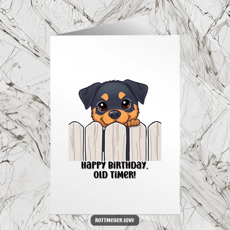 Funny Free Printable Rottweiler Birthday Card featuring a dog peeking over a fence with curious, happy eyes.