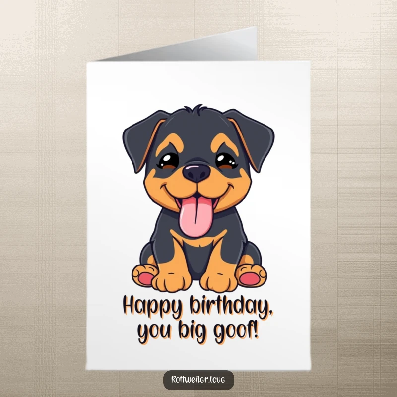 Funny Free Printable Birthday Card: kawaii rottweiler puppy winks with a playful tongue out, sending birthday wishes.