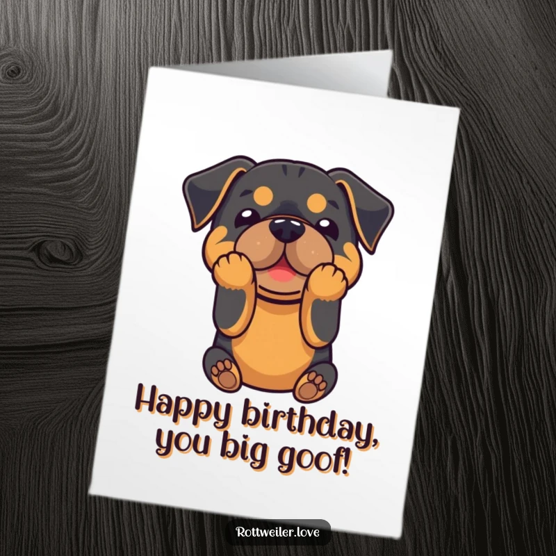 Funny free printable birthday card featuring a Rottweiler doing a playful bow with its front paws, ready to party.
