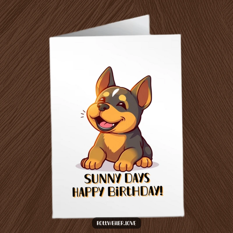 Funny Free Printable Birthday Card: Rottweiler sighing happily in warm sunlight, relaxed vibe, downloadable dog art.