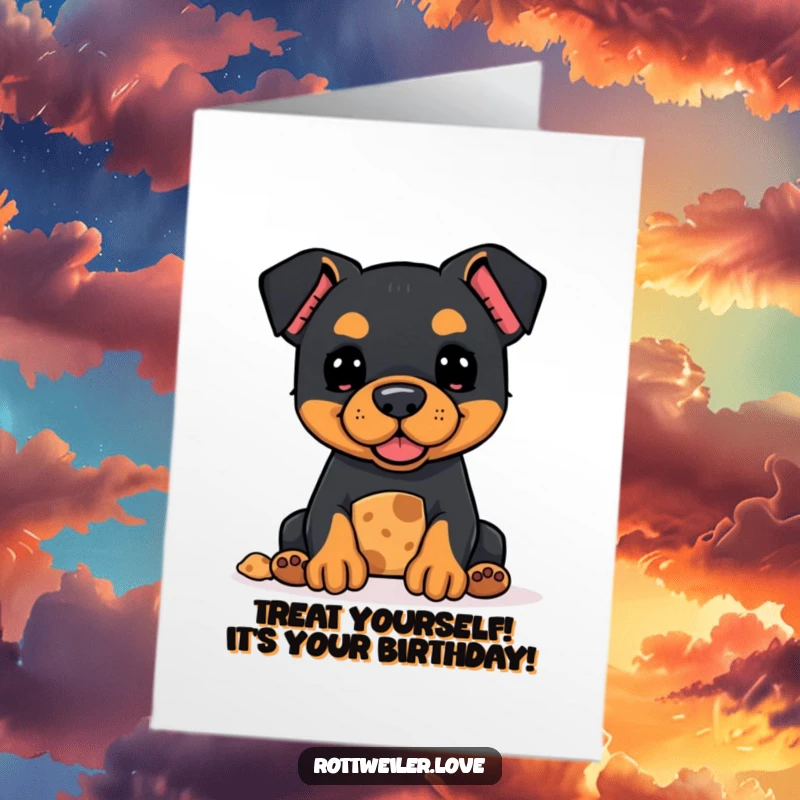 Funny Free Printable Kawaii Rottweiler Birthday Card offering a treat with a hopeful look.