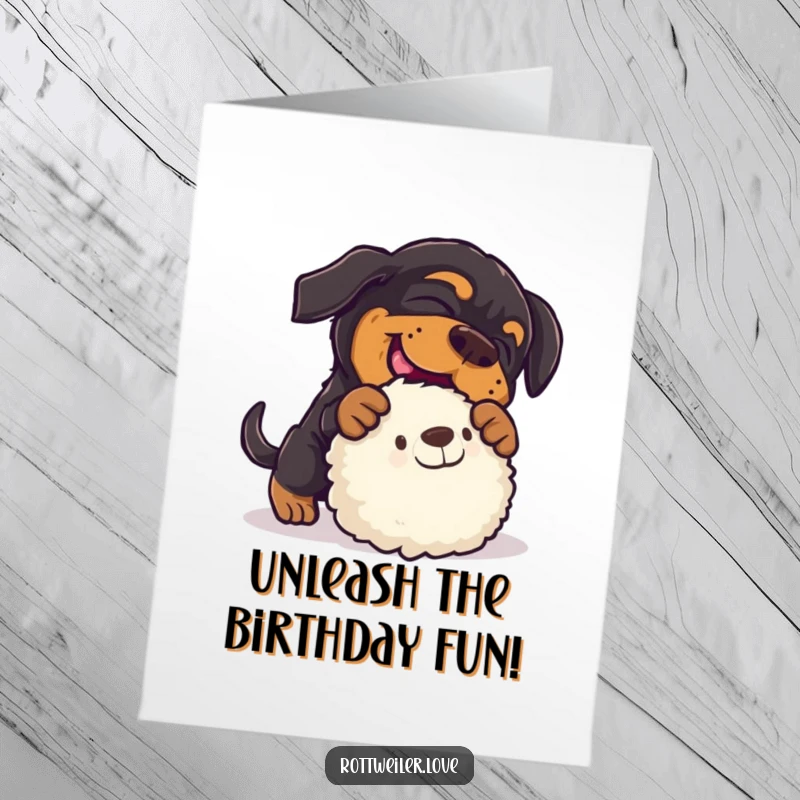 Funny Free Printable Birthday Card showing a rottweiler enthusiastically pouncing on a soft stuffed toy with pure joy.