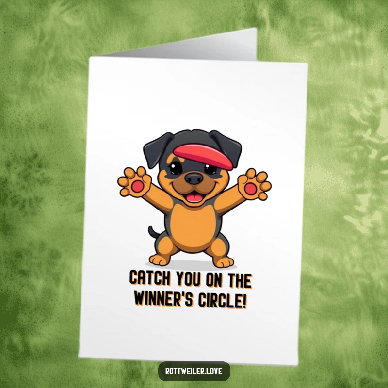 Funny Free Printable Congratulations Card featuring a Rottweiler with outstretched paws, ready to catch a frisbee in celebration.