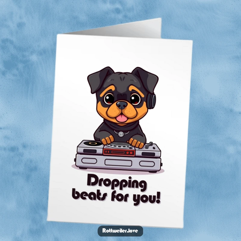 Funny Free Printable congratulations card of a Rottweiler DJing with tiny turntables, celebrating a victory with energetic scratching and a cool vibe.