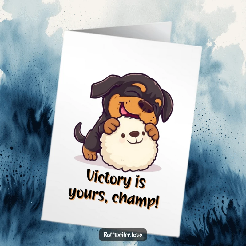 Funny Free Printable Congratulations Card depicting a rottweiler mid-pounce on a fluffy toy, expressing playful excitement.