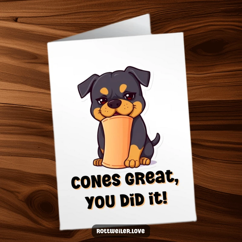 Funny Free Printable Congratulations Card: Goofy rottweiler attempts to balance a cone, looking endearingly silly, celebrating a win.