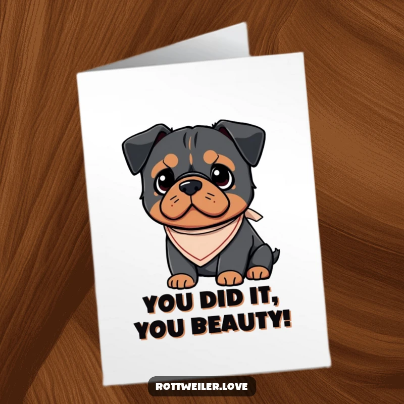 Funny free printable congratulations card: Kawaii Rottweiler sporting a small bandana, announcing great news. A cute and humorous downloadable card.