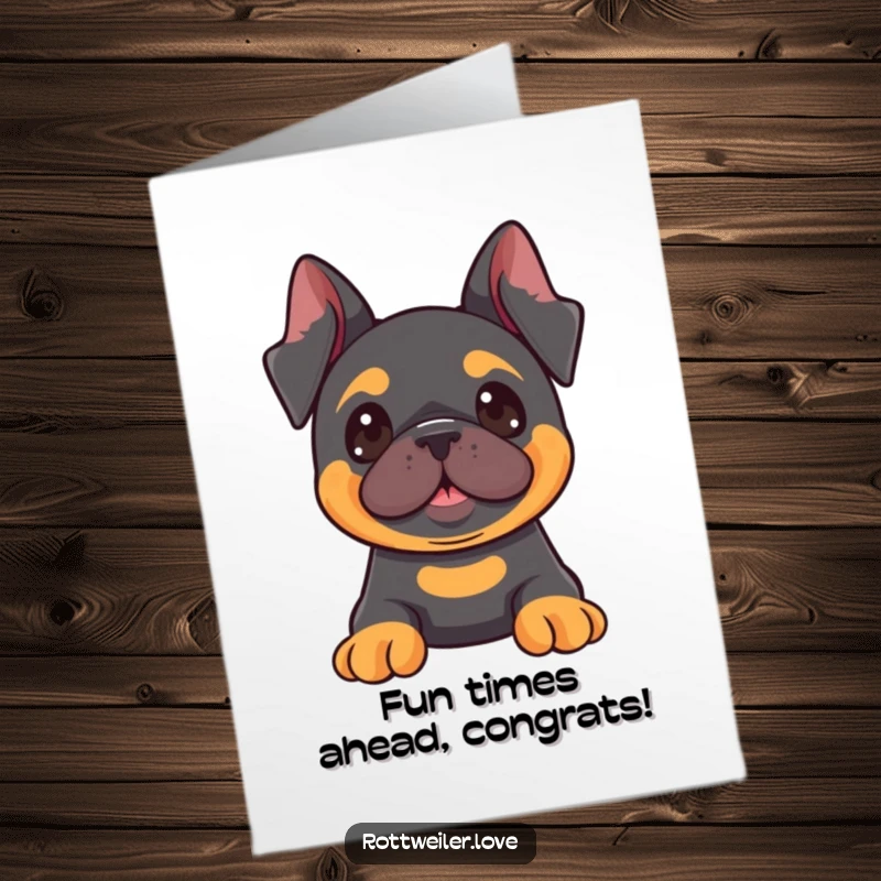 Funny free printable congratulations card: Kawaii Rottweiler with perked ears, looking eagerly at something fun. A humorous and celebratory downloadable card.