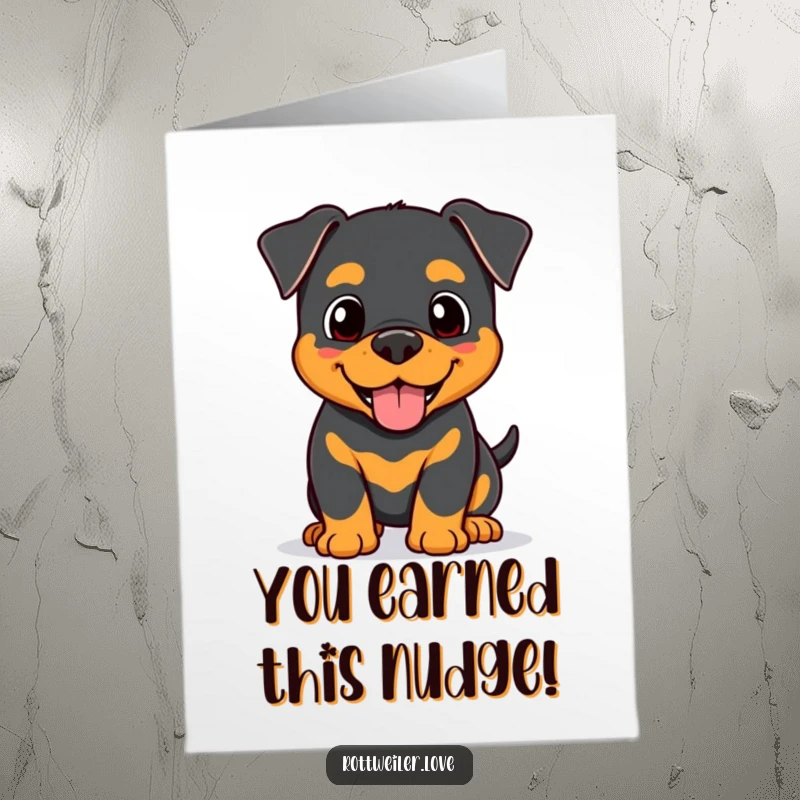 Funny free printable congratulations card: A happy Kawaii Rottweiler offers a friendly head nudge. A sweet and humorous downloadable card.