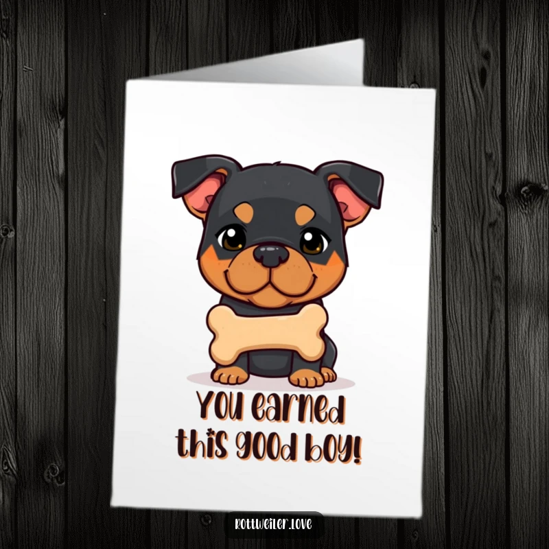 Funny Free Printable Rottweiler Congratulations Card: Shy dog shyly holds out a bone, hoping their gift is appreciated.