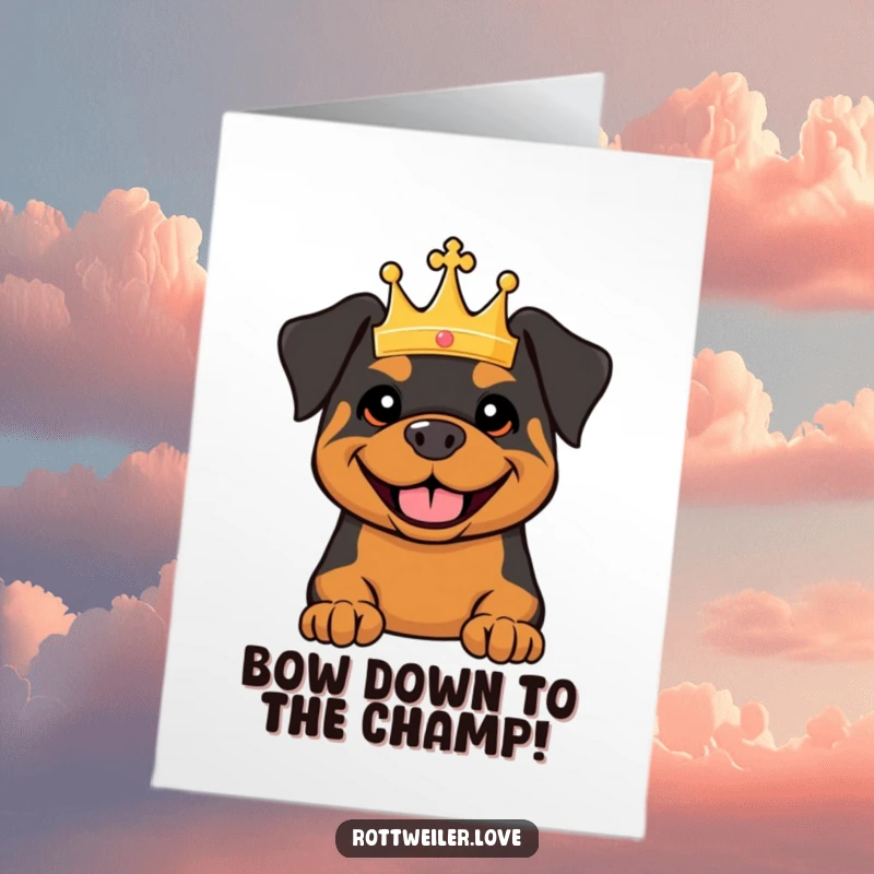 Funny Free Printable Rottweiler Congratulations Card: A smiling Rottweiler adorned with a tiny crown, celebrating a win.