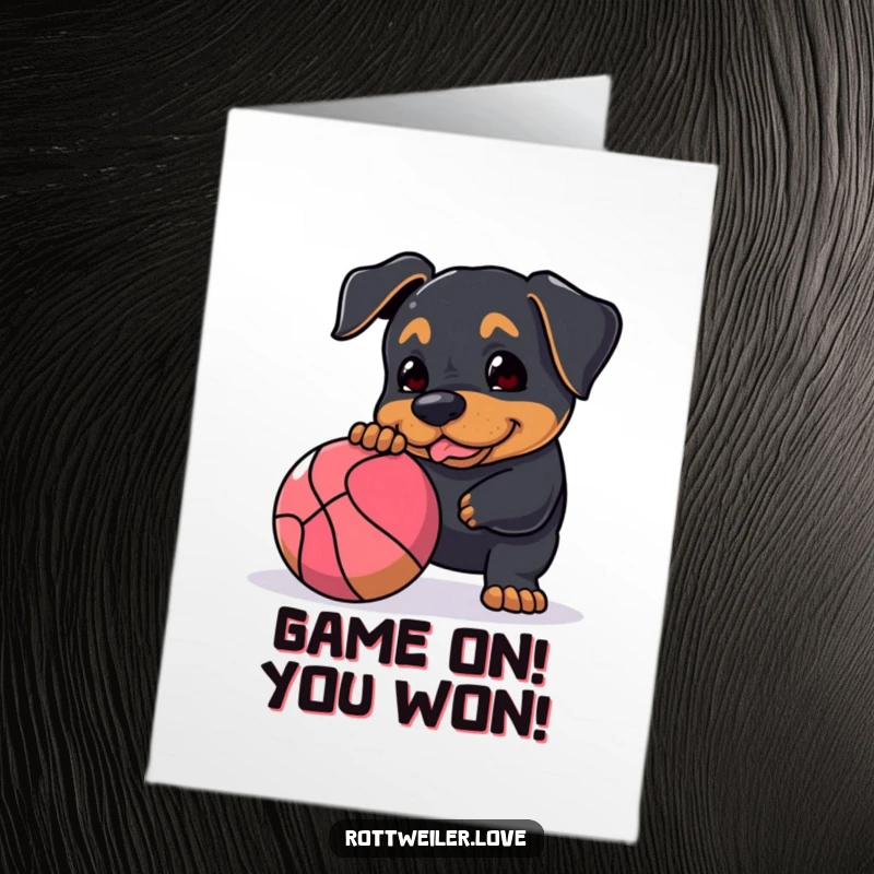 Funny Free Printable Congratulations Card: Rottweiler nudging a large ball, celebrating a win with joy, downloadable dog art.