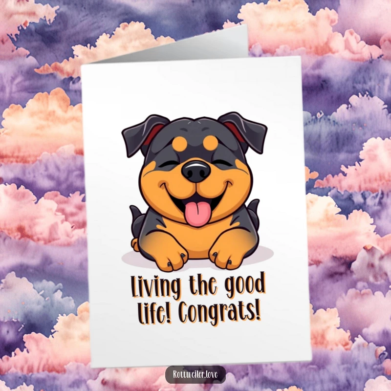 Funny Free Printable Congratulations Card: Rottweiler eyes closed, happily receiving a belly rub, a scene of pure delight.