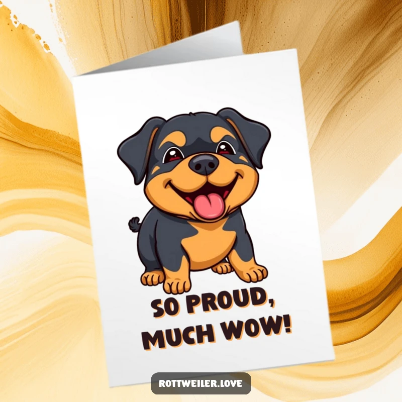 Funny Free Printable Congratulations Card featuring a rottweiler with a happy, beaming face giving a friendly, enthusiastic lick.