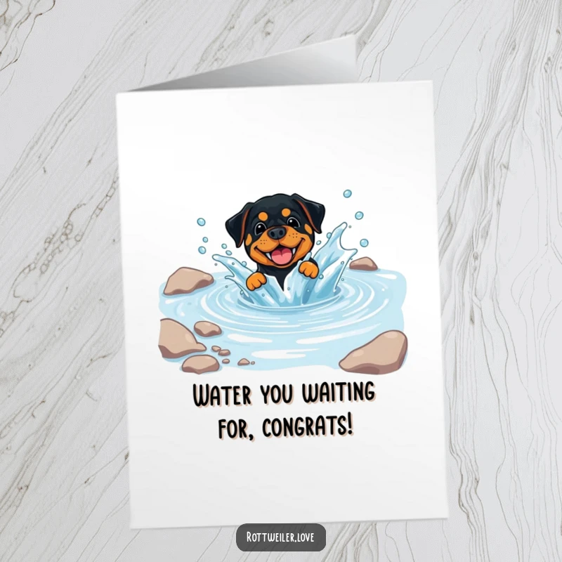 Free Printable Congratulations Card: A rottweiler enthusiastically splashing in a clear, cool stream, celebrating your win.