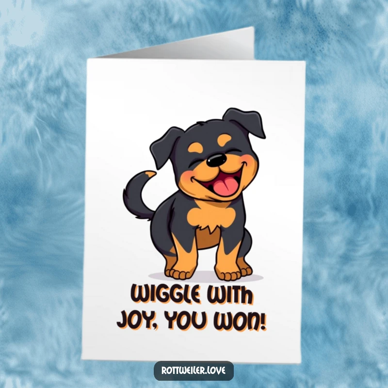 Funny Free Printable Congratulations Card: A Rottweiler doing a full-body wiggle with its tail going wild, celebrating big news!