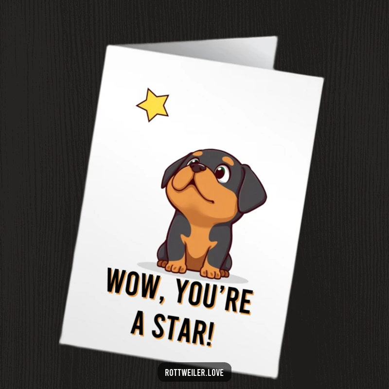 Funny Free Printable Congratulations Card: A Rottweiler dog gazes upwards in disbelief at a dazzling falling star, celebrating their success.